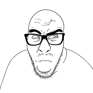 slitherjak, big nose, black eyes, eyebrows, forehead lines, front view, glasses, grumpy, looking to the left, mustache