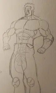 almost full body, buff, closed mouth, drawing, frown, hair, looking to the left, muscles, no beard, no glasses