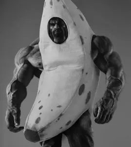 gigachad, almost full body, banana, beard, black hair, buff, closed mouth, costume, food, front view