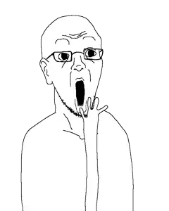 drakeson, 1soyjak, anatomically impossible, bald, gaping mouth, glasses, half body, hand over mouth, looking to the right, open eyes