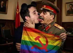 joseph stalin, mickey mouse, commiejak, mickey, beard, black hair, closed eyes, clothes, ear, faggots