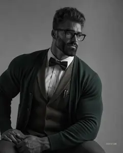 gigachad, beard, buff, closed mouth, clothes, effects, ernest khalimov, glasses, gray background, gray skin