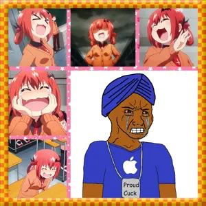 wojak, /g/, 1nas, 4chan meme, anime, apple, bloodshot eyes, blue shirt, brown skin, clenched teeth