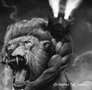 gigachad, animal, big buff grey man, buff, ernest khalimov, feline, floating, flying, full body, gray skin