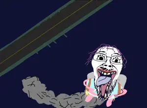 bernd, troonjak, 1soyjak, black eyes, bridge, drawn background, gaping mouth, jetpack, looking at you, open eyes