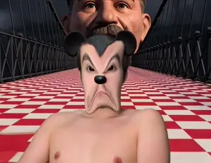 joseph stalin, mickey mouse, ball, bridge, checkerboard pattern, giant, hammer, saw, mickey mouse, communiaryan