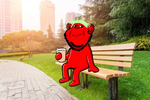 broot, impish soyak ears, 1soyjak, bald, bench, black eyes, brootism, chin, closed mouth, cup