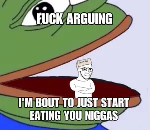 pepe, soyak, soyak (irritated), 1nas, 1soyjak, big lips, black eyes, blue background, blue shirt, bottom text