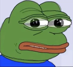 pepe, big lips, black eyes, blue background, blue shirt, disgusted, green skin, lips, looking at you, open eyes