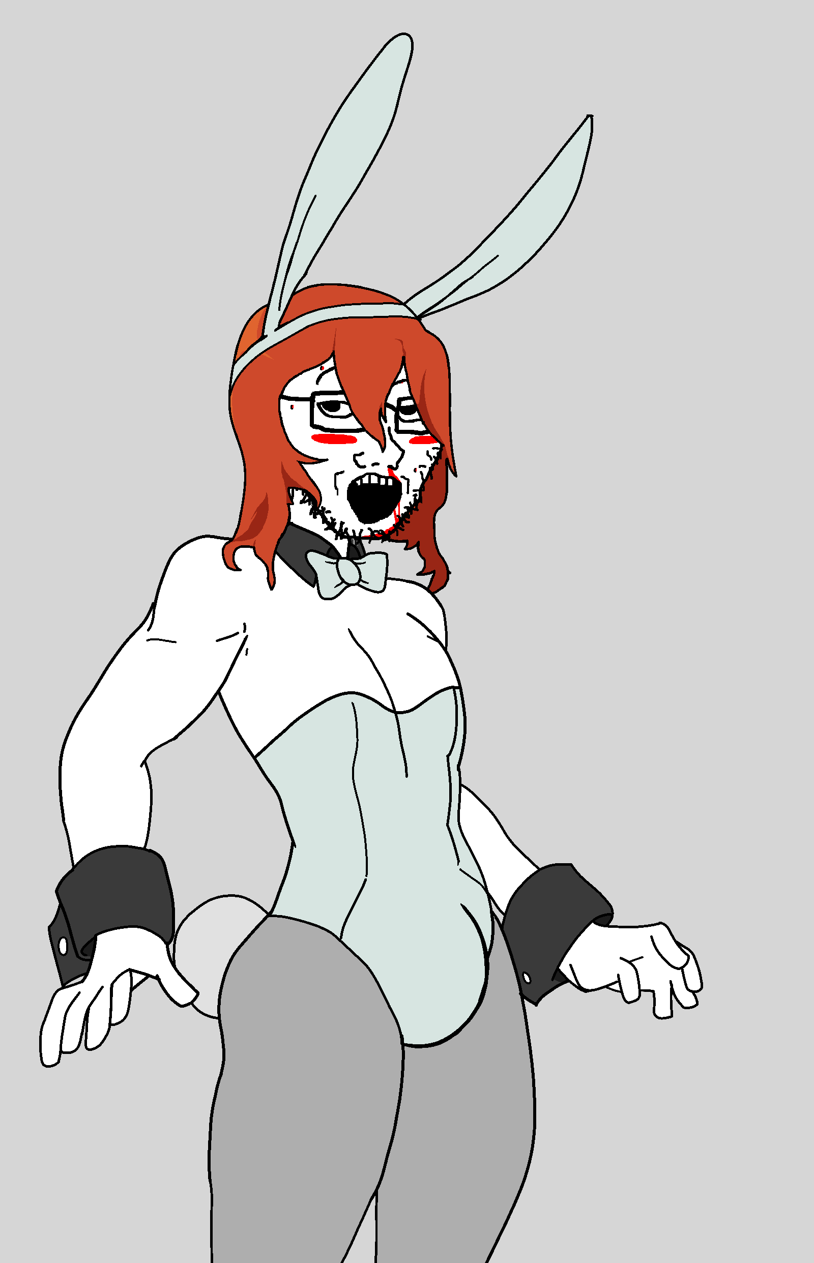 soyak, pinejak, 1soyjak, black eyes, blush, blush lines, bunnysuit, cleavage, clothes, femboy