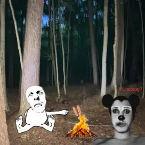 mickey mouse, bald, bonfire, campfire, clenched teeth, closed mouth, dark, eyebrows, feet, fire