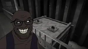 scp-106, feraljak, feralgrin, 1soyjak, bald, black sclera, front view, glasses, grin, looking at you