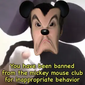 mickey mouse, ban images, angry, animal, black eyes, black hair, closed mouth, english text, eyebrows, front view