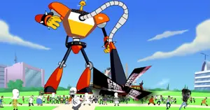 gigachad, pepe, spike's giant robot, cryboy soyjak, soyak, 'p, back view, cartoon, collosal, crowd