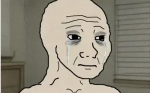 wojak, 1nas, closed mouth, cope, crying, depression, doomer, irl background, looking to the right, neutral