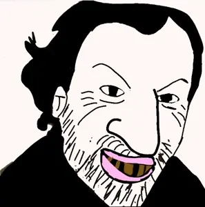 beard, black eyes, black hair, black shirt, clothes, evil, facial hair, grin, hair, half body