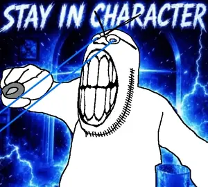 clark (the backrooms), barkjak, feraljak, 1soyjak, angry, bald, blue background, blue eyes, chubby, frown