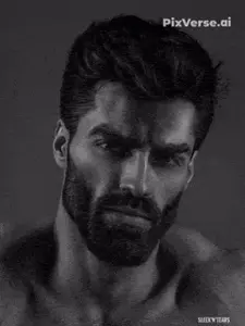 gigachad, beard, black eyes, black hair, buff, chef, closed mouth, cooking, egg, egg yolk