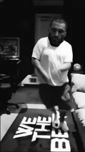 gigachad, beard, black eyes, black hair, chubby, couch, dance, dj khaled, fat, front view