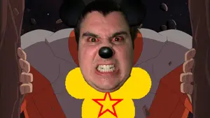 mickey mouse, thragg, angry, black eyes, black hair, bloodshot eye, bloodshot eyes, clenched teeth, communism, drawn background