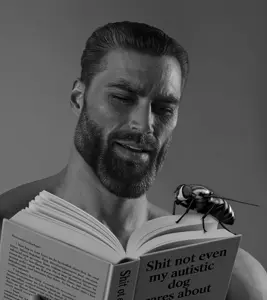 gigachad, animal, beard, book, buff, bug, ear, fly, gray background, gray skin