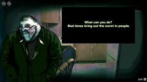 leper guy, burnsjak, 1soyjak, balding, black eyes, chair, closed mouth, clothes, drawn background, fat