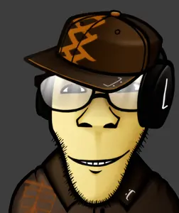 dylanjak, gapejak, wholesome soyjak, 1soyjak, black eyes, bowling shirt, cap, clothes, collared shirt, drawing