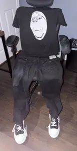 gapejak, wholesome soyjak, 1soyjak, bald, black eyes, chair, clothes, front view, full body, glasses