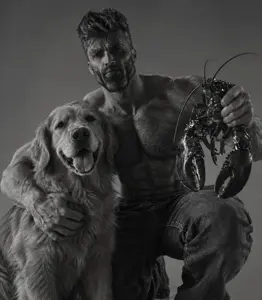 sisa9000, gigachad, animal, arm, beard, clothes, crustacean, dog, ernest khalimov, full body
