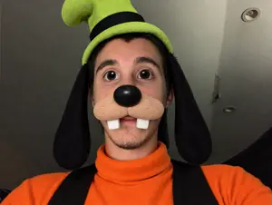 goofy, animal, animal ears, dog, ear, goofy, green hat, irl background, orange shirt, pet