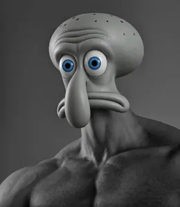eddward, gigachad, blue eyes, buff, gray skin, long nose, nose, portrait, serious, squid
