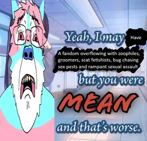 bernd, trannyfur, 1soyjak, anthro, bloodshot eyes, crying, drawn background, faggot, faggots, front view