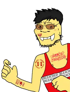 soykio kid, 1soyjak, angry, asian, black eyes, black hair, bleached, blush, buck teeth, claw