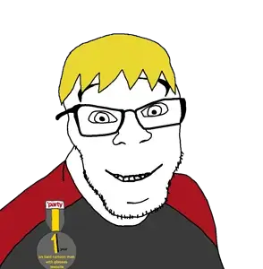 nate higgers, feraljak, natejak, 1 year on bald men with glasses website, 1soyjak, badge, blonde hair, clothes, glasses, hair