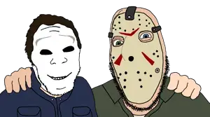 jason voorhees, michael myers, cobson, feraljak, no more brother wars, 2soyjaks, bald, black eyes, blue clothes, blue eyes