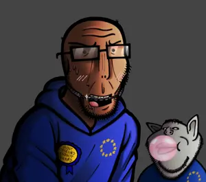 hairyfuckfart, impish soyak ears, markiplier soyjak, euromutt, euromutt, art, award, blue shirt, blush, braces