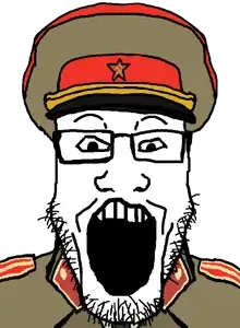 markiplier soyjak, 1soyjak, cap, clothes, communism, epaulettes, excited, front view, gaping mouth, glasses