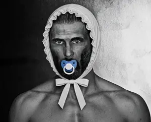 der coomer, gigachad, gigacoomer, abdl, age regression, beard, buff, clothes, eyebrows, front view