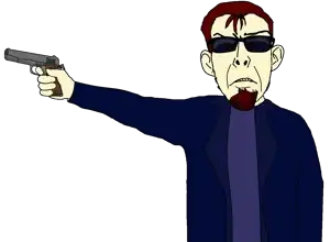postal dude, nojak, 1soyjak, 45, 45acp, angry, arm, black eyes, blue shirt, clothes