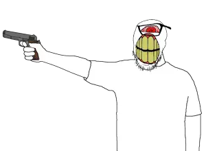 feraljak, 45, 45acp, angry, arm, bloodshot eyes, clenched teeth, clothes, cyclops, front view