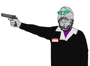 gapejak, mustached gapejak, wholesome soyjak, 45, 45acp, arm, clothes, front view, glasses, gun