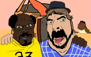 cobson, feraljak, meximutt, aryan, 3soyjaks, a10 eyes, bald, beard, black skin, blue shirt
