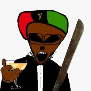 drill sergeant soy, 1soyjak, black eyes, black skin, bowtie, cheers, clothes, glass, glasses, hat