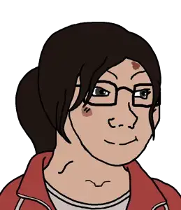 zoey (left 4 dead), soyak, female soyak, femjak, 1soyjak, bangs, blush lines, brown hair, bruises, closed mouth