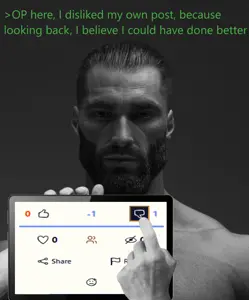 gigachad, 1nas, arrow, beard, blue text, buff, closed mouth, dislike, ear, eyebrows