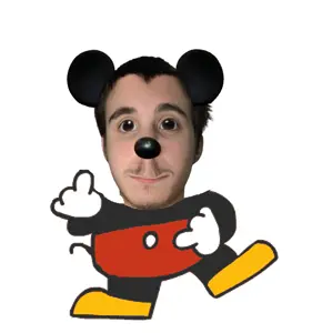 mickey mouse, animal, black hair, brown eyes, closed mouth, clothes, fat, front view, full body, hair