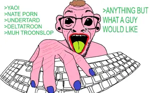 darren, 1soyjak, black eyes, blue nails, brown hair, curly hair, front view, gaping mouth, glasses, green tongue