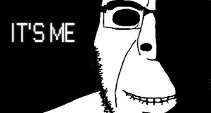 rapeson, cobson, hornyson, rapeson, 1soyjak, bald, biting lip, black background, black eyes, closed mouth