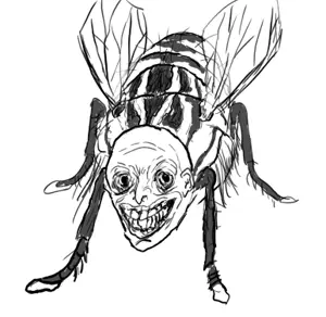 animal, bald, bug, bugs, creepy, ear, fly, full body, grin, insect