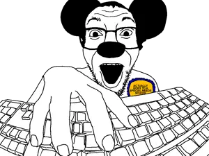 darren, mickeyjak, 1soyjak, award, balding, black hair, down syndrome, front view, gaping mouth, glasses